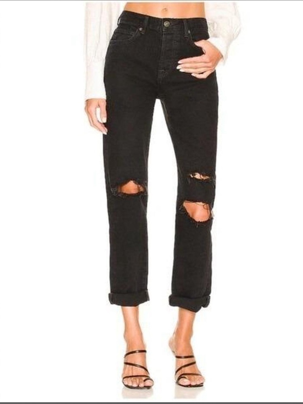 Free People We The Free Bren Boyfriend Black Distressed Cuffed Jeans size 26